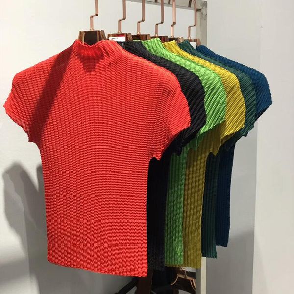 

pleated women's short sleeve 2021 new pleated solid color slim t-shirt, White