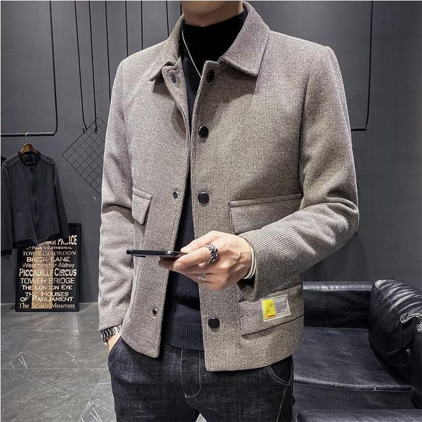

men's wool & blends autumn and winter coats solid short men casual jackets mens overcoat korean woolen windbreaker brand clothing, Black