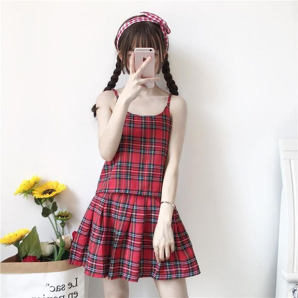 

skirts summer harajuku sweet punk style lattice suspender vest +high-waisted red chequered mini pleated skirt short skirt1, Black