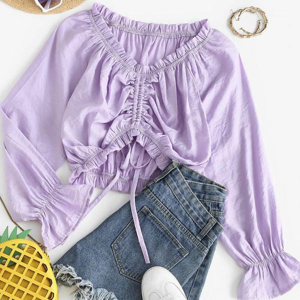 

women's t-shirt women's spring summer drawstring purple blouse 2021 beach holiday streetwear casual pullover 1, White