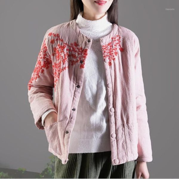 

retro ethnic embroidery floral women jacket long sleeve autumn winter cotton linen cardigan black pink coat padded outwear 20201, Black;brown