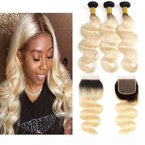 

dark root 1b 613 ombre straight hair weaves with lace closure with bundles 1b blonde ombre human hair wefts with 4*4 closure, Black;brown