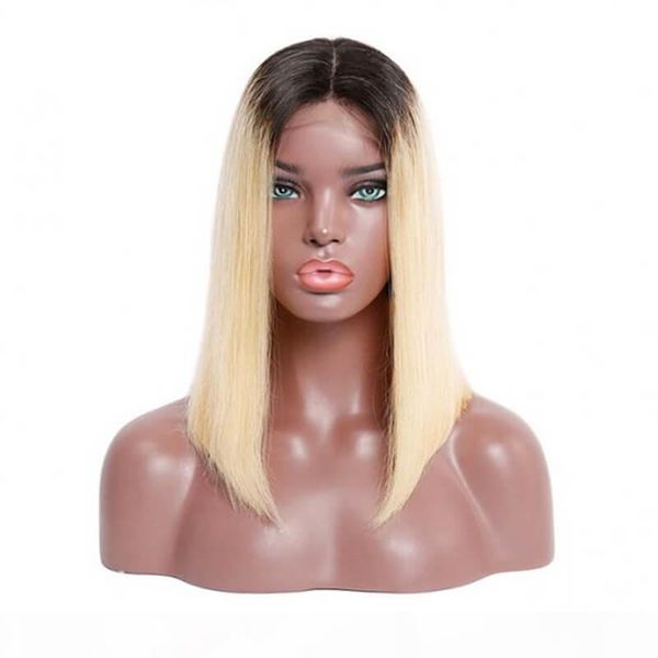 

ombre human hair wigs for black women blonde 613 colored short bob glueless brazilian hair dark root 1b 613 blonde full lace wig, Black;brown