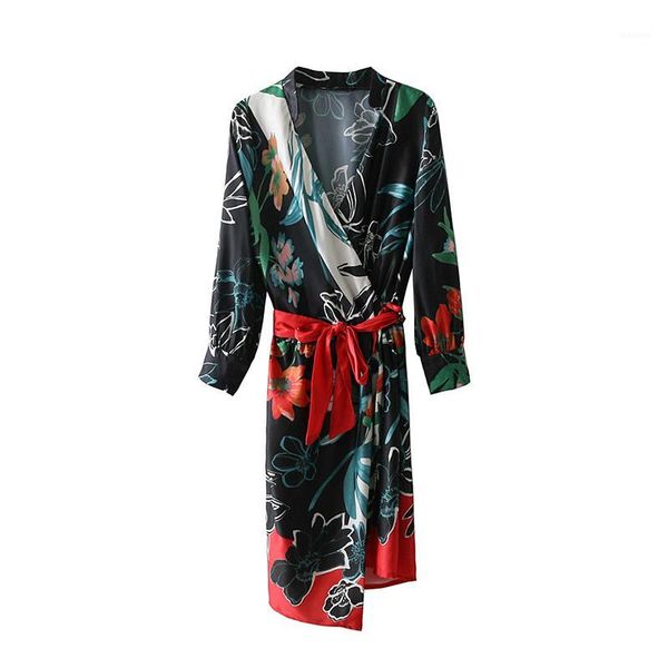 

flower print belt bow tie dresses irregular hem women retro v-neck harajuku maxi plus size dress brand designer dress1, Black;gray