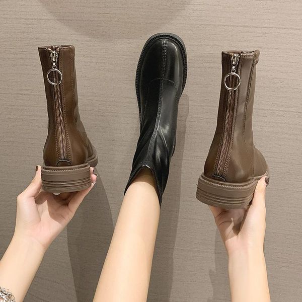 

lady boots rock shoes woman round toe mid-calf booties women low heels booties luxury designer boots-women zipper ladies, Black