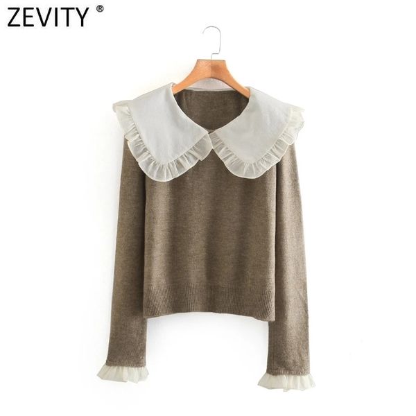 

zevity women sweet pleat ruffles turn down collar patchwork knitting sweater female long sleeve casual chic pullovers s496 201128, White;black