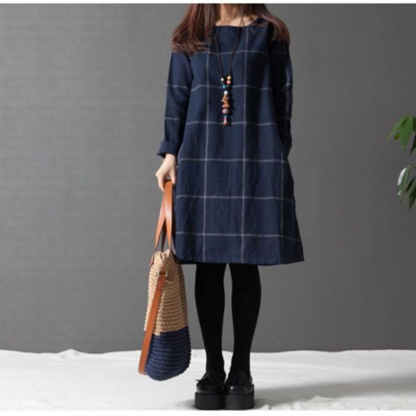 

cotton linen dress women long sleeve cotton linen plus size dresses autumn knee-length casual plaid shirt vestidos robe mujer, Black;gray