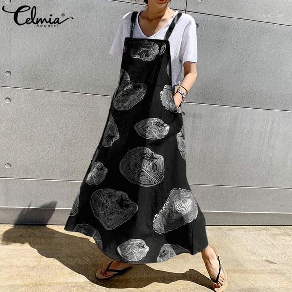 

women suspender long dress 2020 celmia summer apron sundress pockets casual sleeveless loose printed maxi vestidos female robe1, Black;gray