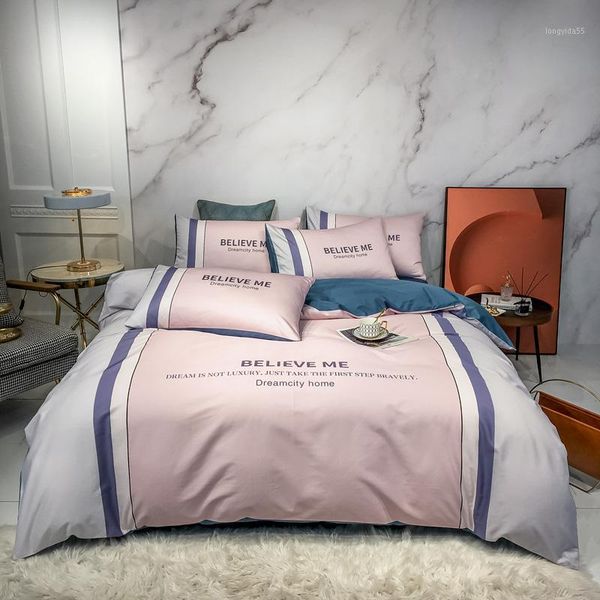 

2020 new 100% cotton light luxury printed bedding set color blocking duvet cover sets bed flat sheet pillowcases  size 4pcs1