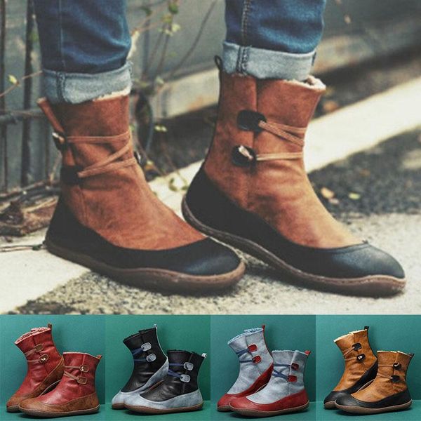 

boots autumn winter women's pu leather ankle cross strappy flat short snow lace up shoes vintage zipper punk, Black