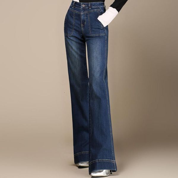 

новых больших размеров длинные джинсы высокой талии эластичные брюки брюки женские широкую ногу брюки 7xl drop доставка, Blue