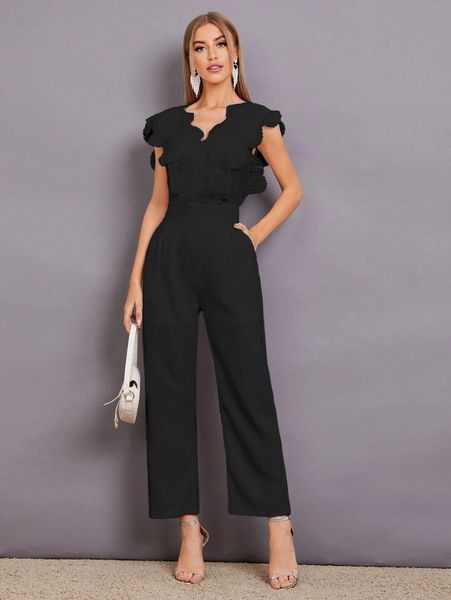 

contrast lace scallop trim jumpsuit g7kj#, White