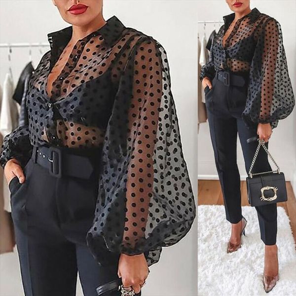 

new women mesh sheer blouse see through lantern long sleeve blouse fashion pearl button transparent white shirt female blusas