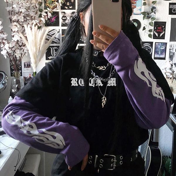 

gothic punk t рубашки женщины длинные рукава лоскува плаужвели пламенные огонь печатная уличная одежда лучшие женские горячие e girl осень t, White