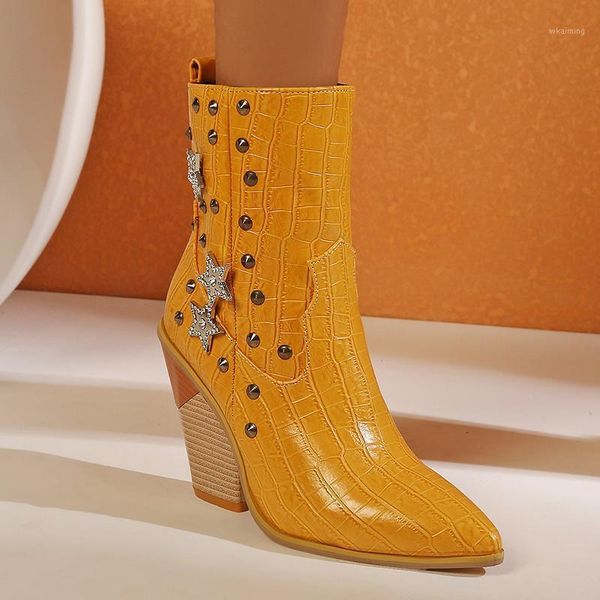 

boots ymechic fashion embossed pu wedges shoes womens western yellow white black studded ankle cowboy for women booties1
