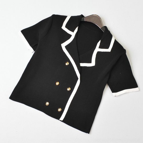 

rl1e9 2020 double new women's wear korean style s64td breasted summer color matching slim fit versatile short sleeve sweater women sw, White