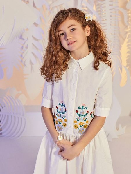 

girls single breasted floral embroidered ruffle hem dress she, Red;yellow