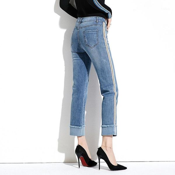 

98% cotton women straight jeans 2020 side striped high waist light blue ankle length denim pants boyfriend jeans for women1