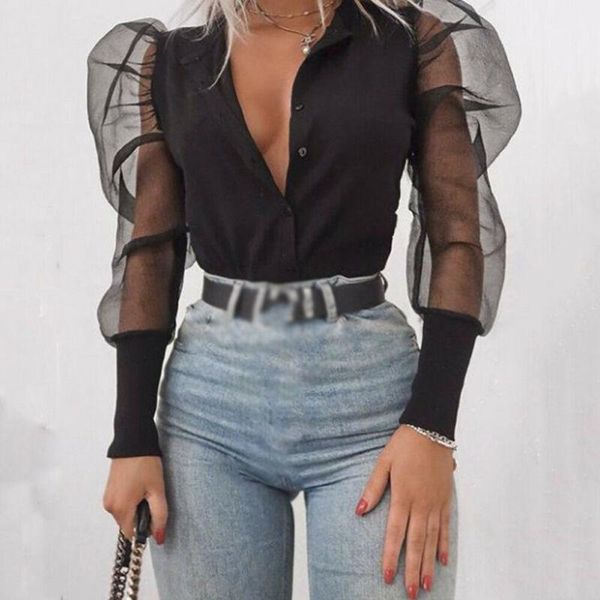 

women's blouses & shirts women long sleeve transparent shirt casual blouse mesh sheer autumn clothes v neck blouses1, White