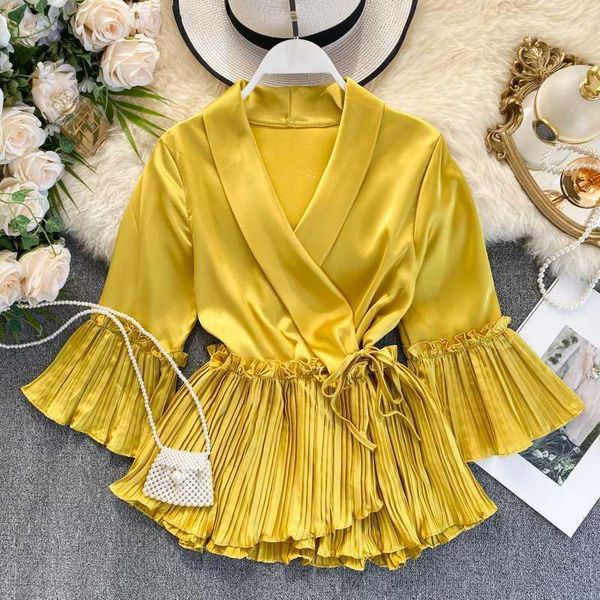 

2020 new women blouse v-neck poplin three quarter flare sleeves slim blouse ladies casual flounced solid draped shirt 1, White