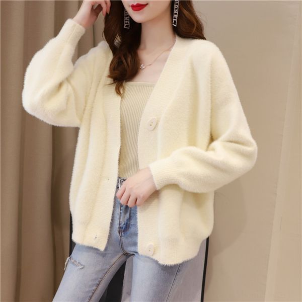 

spring and autumn imitation mink fleece august sweatersweater sweater coat women's early spring 2020 coat loose outer knitted cardigan, White;black