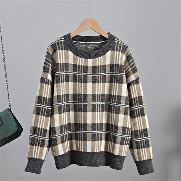 

bygouby oversized womens sweater 2020 autumn winter pullovers o neck long sleeve female jumper plaid knitwear pull femme, White;black