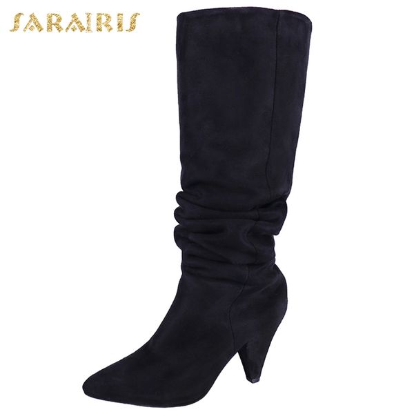 

sarairis new fashion 2020 spike high heels concise shoes woman boots pointed toe slip-on simple trend knee-high boots female, Black
