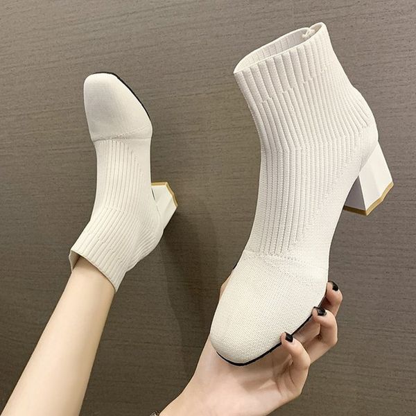 

2021 new women socks high heels stretch fabric ladies short square ankle boots slip on comfortable fashion shoes 12iy, Black
