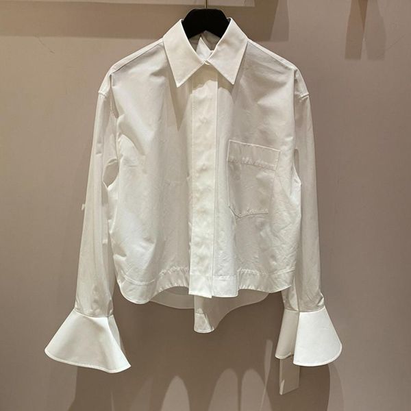 

women's blouses & shirts white blouse women long flare sleeve turn-down collar one pocket office lady shirt