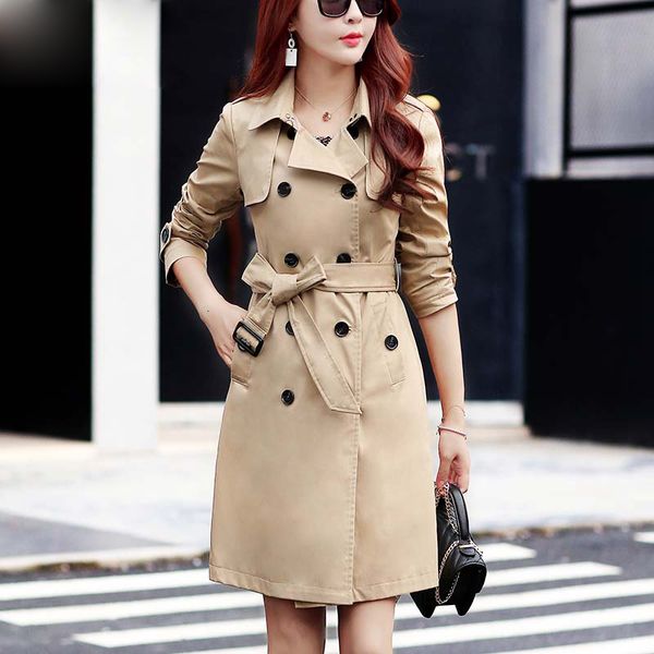 

women casual solid color double breasted outwear fashion sashes office coat design long trench