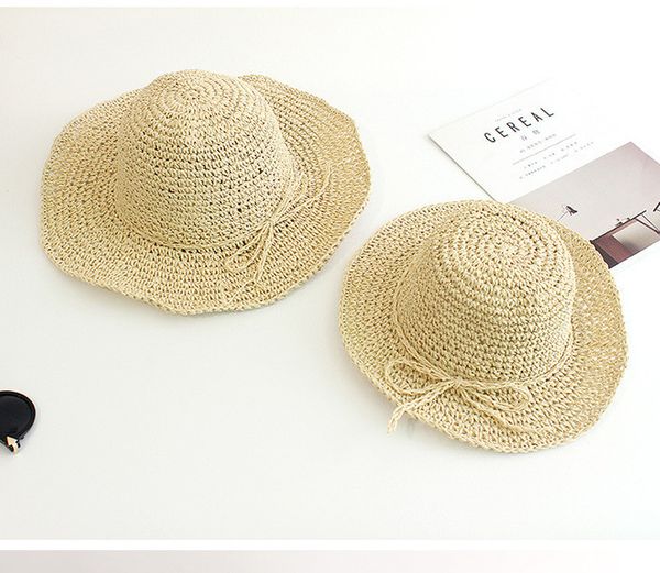 

mommy and daughter matching hat girls hollow crochet wide hem hats children lace-up bows grass braid crochet floppy soft sun cap a4698, Yellow