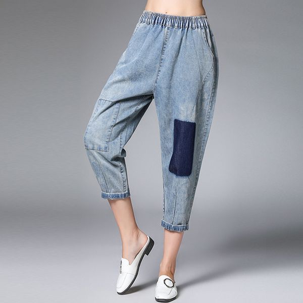 

loose fashion womens casual jeans vintage washed ankle length pants high waist show thin jean harems pants large size ladies new, Blue
