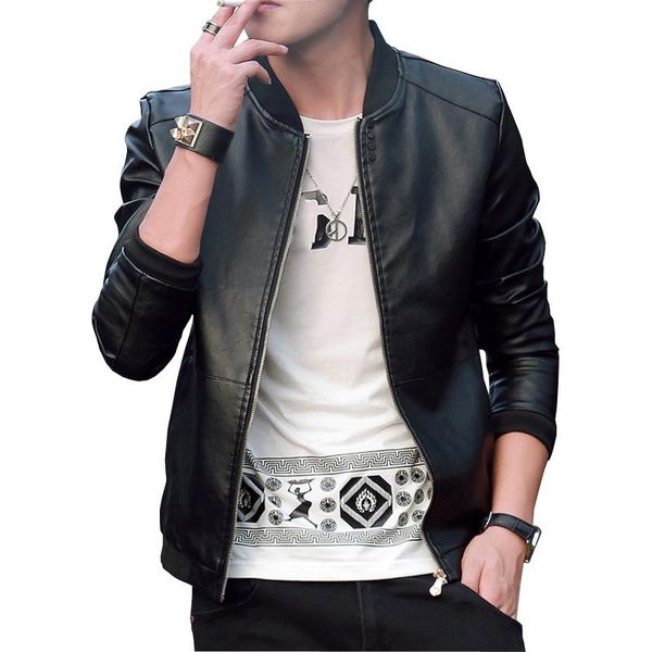 

loldeal mens long sleeve premium stand collar zip up faux leather jacket, Black;brown