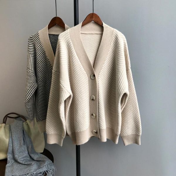 

women's knits & tees autumn 2021 femme sweet knitted cardigan long stripe elastic sweater feminino grey, White
