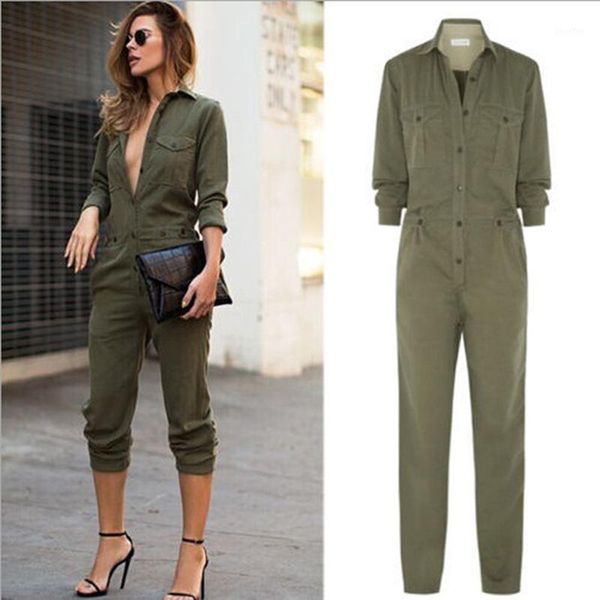 

new women jumpsuit autumn turn-down collar button lady romper long sleeve overall pencil pants armygreen jumpsuit1, Black;white