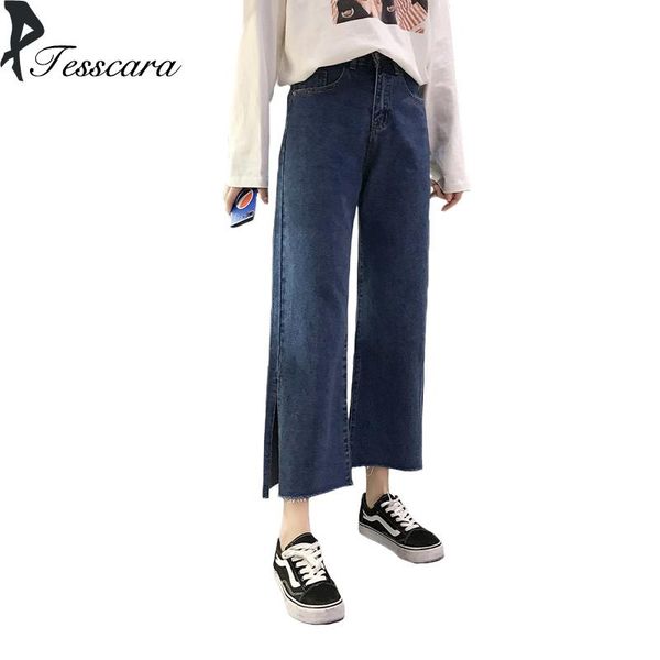 

women sprint&autumn casual slim wide leg pants jeans female fashion high waist loose split bottom student sweater high quality, Blue