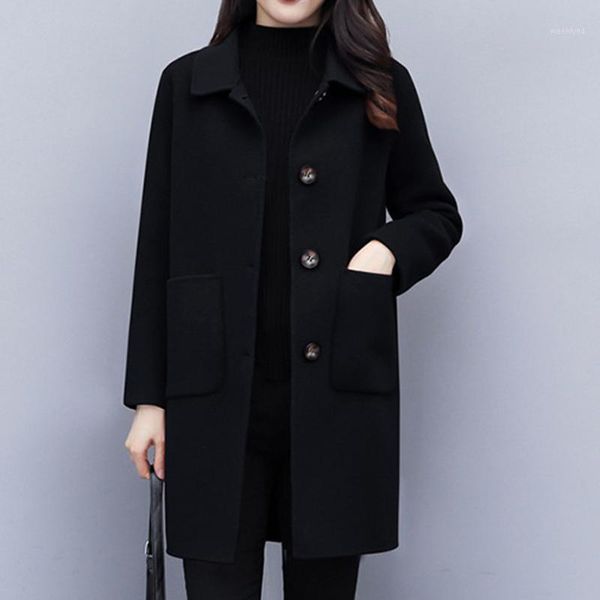 

autumn winter women long trench coat ladies blend lapel fashion long jacket women solid color oversize overcoat outwear 2020#g301, Black