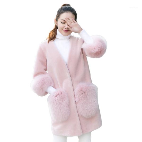 

winter faux fur coat women 2020 fashion warm faux fur jacket coat female long loose lamb women pink artificial1, Black