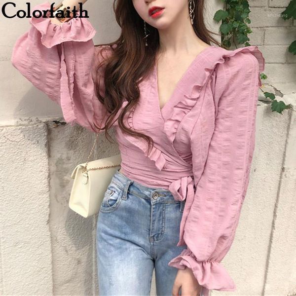 

colorfaith new women blouses & shirts 2020 spring summer ladies casual fashion style v-neck lace up bow shirt bl01271, White