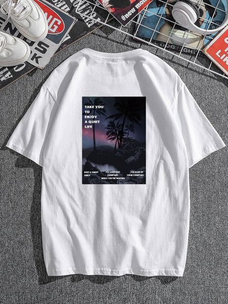 

men slogan and coconut tree print tee j3rh#, White;black