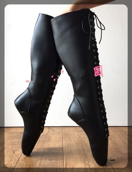 

black pointed toe ballet boots women wedge hoof sole heelless pinup ballet cross-tied fetish spike heels knee-high boots