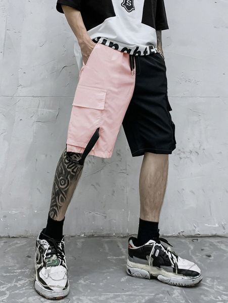

romwe guys colorblock pocket patched shorts a7jm#, Black
