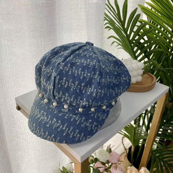 

2020 new designer trend small fragrance pearl fisherman hat fashion cover face sunscreen basin hat bucket hat, Blue;gray