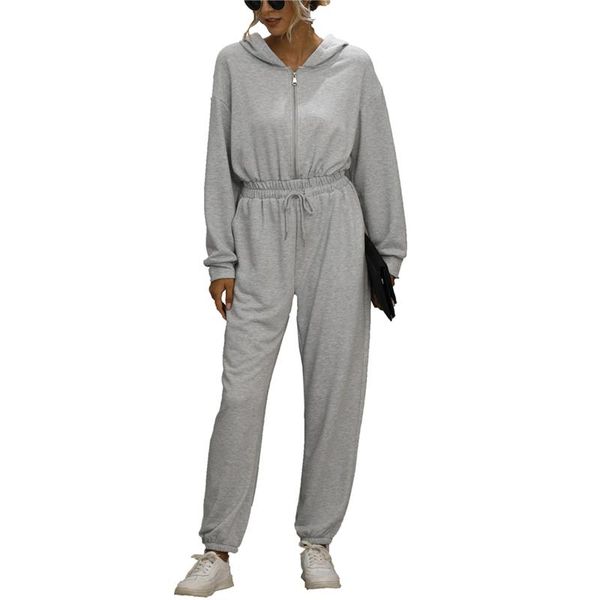 

2020 fashion women ladies zipper hooded jumpsuit solid color long sleeve zipper drawstring elastic waist playsuits jumpsuits, Black;white