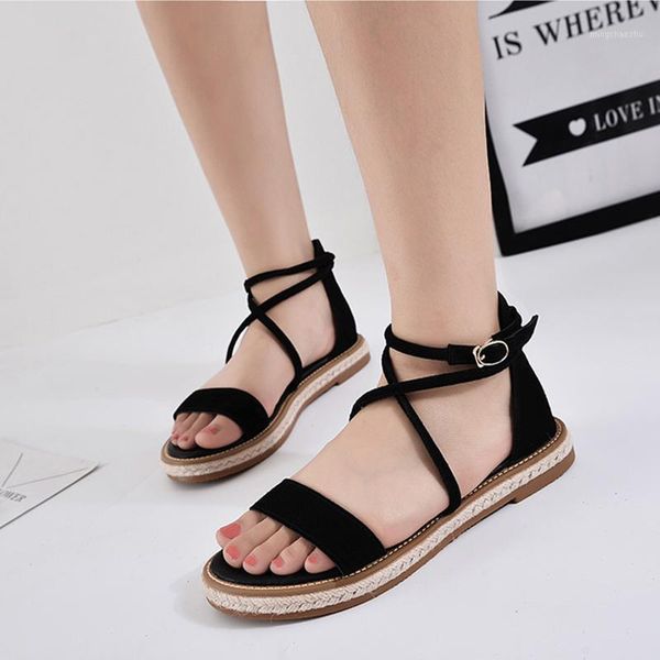 

sandals 2021 women gladiator female ankle buckle strap flats platform open toe shoes ladies casual footwear plus size1, Black