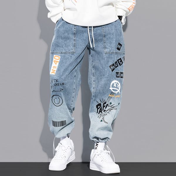 

2021 new fashion streetwear men jeans loose fit designer graffiti printed hip hop pants wide leg harem trousers joggers male g3, Blue