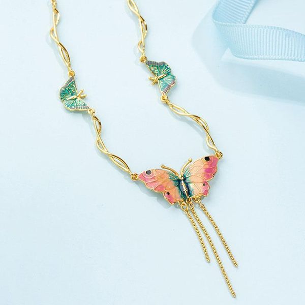 

french style luxury design enamel glaze sweet tassel butterfly necklace for women girl party jewelry clavicle chain collier1, Golden;silver