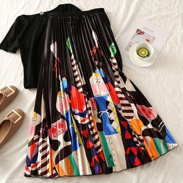 

summer printed cartoon pleated skirt ladies empire high elasticity a line women fashion skirts 2021 new high street jupe, Black