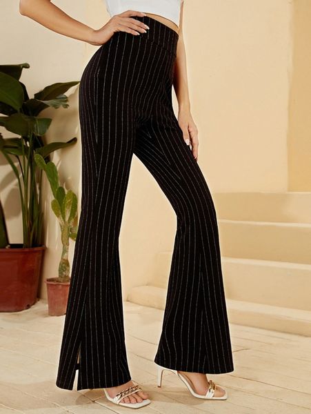 

split hem striped flare leg pants 94u6#, Black;white