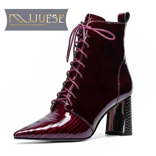 

boots mljuese 2021 women soft ankle cow leather zippers winter short plush pointed toe high heels, Black